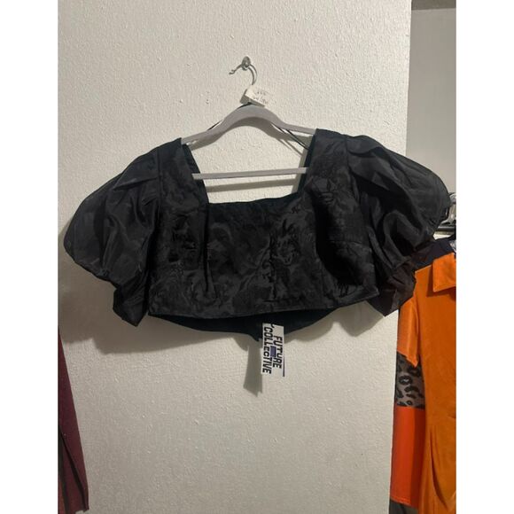 277 Women’s Black Puff Sleeve Crop Top – Square Blouse, Dressy Night Out Top - Picture 2 of 5